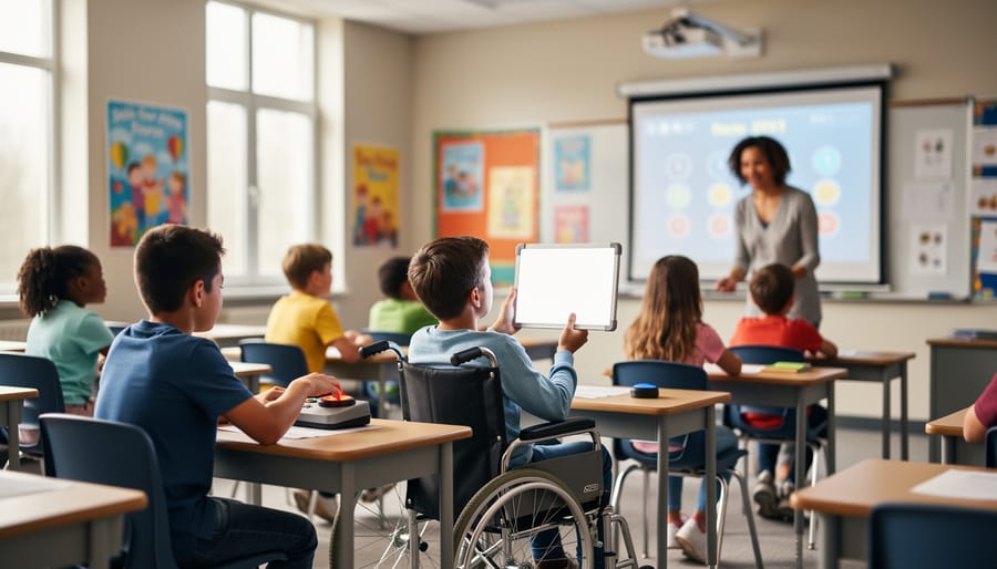 Teacher facilitates a seated classroom game while a student in a wheelchair holds up a blank whiteboard and another uses a large-button adaptive switch; other students engage from their desks with a blurred projector in the background.