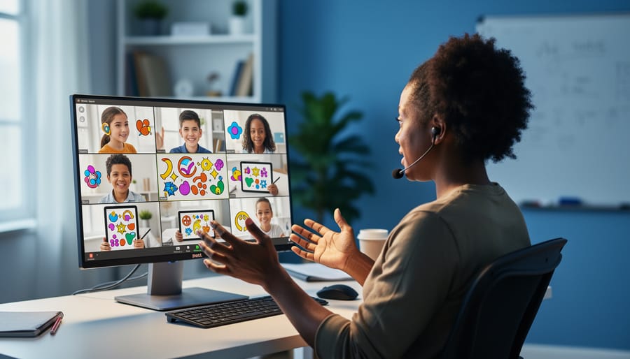 Teacher at a home desk leading a video-call classroom game on a monitor with a grid of diverse students; one student wears a hearing aid and another uses a tablet and stylus; screens show bold high-contrast shapes without text; soft daylight and a blurred whiteboard and plant in the background.