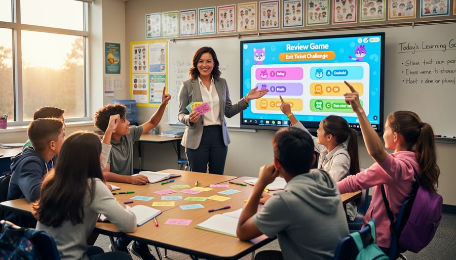Students engaged in collaborative classroom learning activity with tablets and notebooks