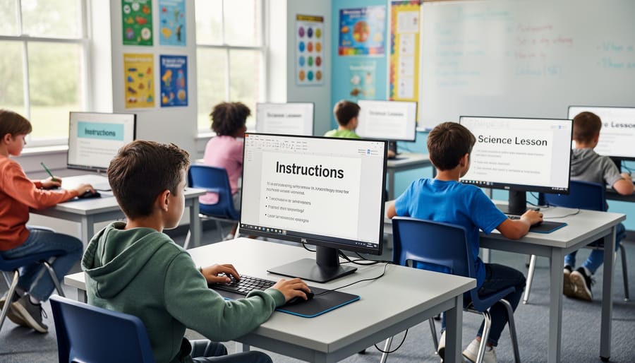 Classroom learning station with digital display showing educational content