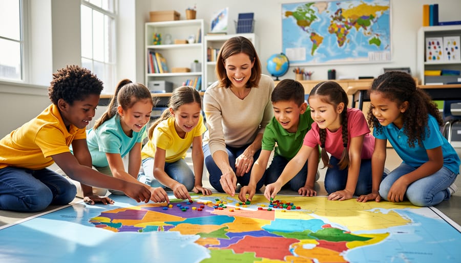 Diverse elementary students gather around a large floor map, placing colorful tokens as a teacher guides the activity, with a softly blurred classroom, globe, and shelves in the background under natural light.