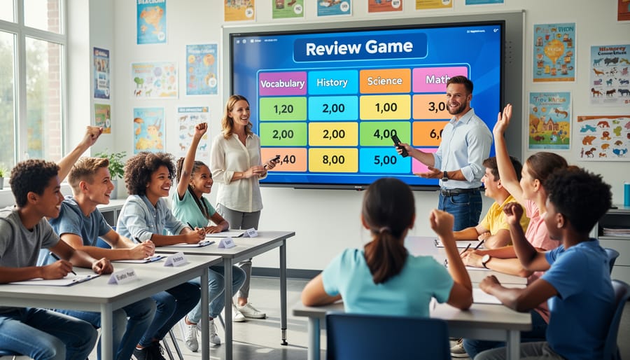 Students viewing Jeopardy-style game board displayed on classroom smartboard