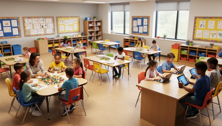 Wide view of a modern classroom showing four learning stations: a teacher at a kidney table with a small group, a group collaborating with manipulatives, students using tablets at a technology station, and others working independently; soft natural light and organized shelves and bulletin boards in the background.