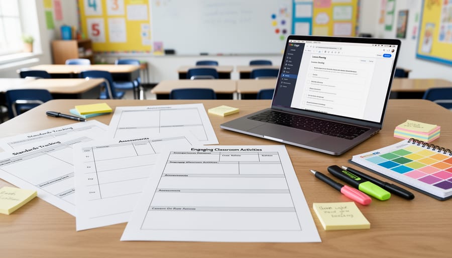 Lesson plan template with organizational tools on classroom table