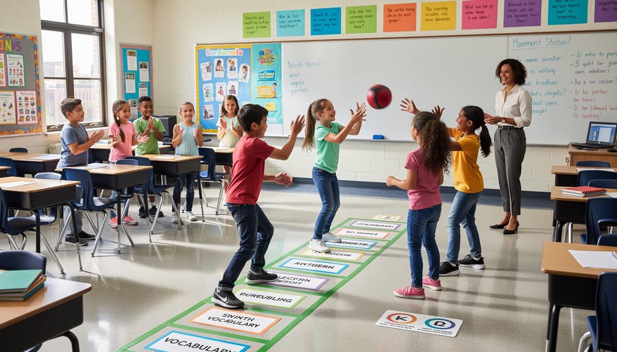 Students actively moving around classroom during interactive memory recall station activity