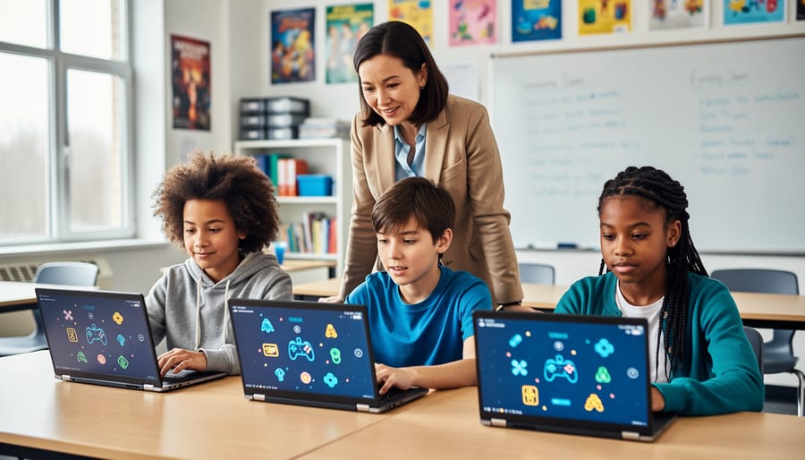 Teacher supervising three middle school students playing online games on laptops at a classroom table, with soft natural daylight and a blurred classroom background; screens show colorful shapes without text.