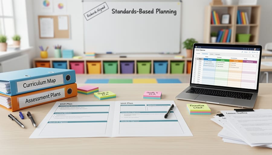 Teacher's hands organizing lesson planning materials and templates on desk