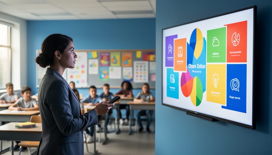 Teacher in a modern K-12 classroom uses a remote to control a wall-mounted widescreen display showing colorful, text-free slide layouts, with students and classroom decor softly blurred under natural daylight.