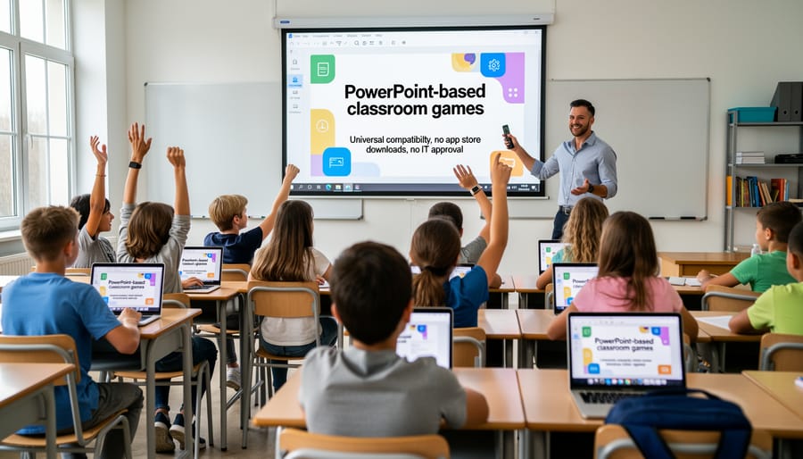 Teacher opening PowerPoint presentation on laptop in classroom setting