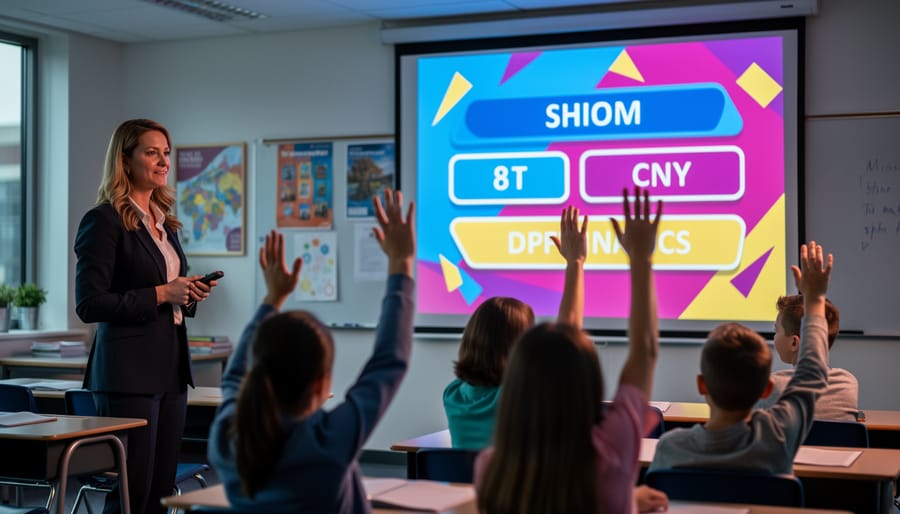 Teacher with a clicker stands beside a brightly glowing projector screen showing bold, text-free game-style shapes while students at desks raise their hands in a modern classroom.