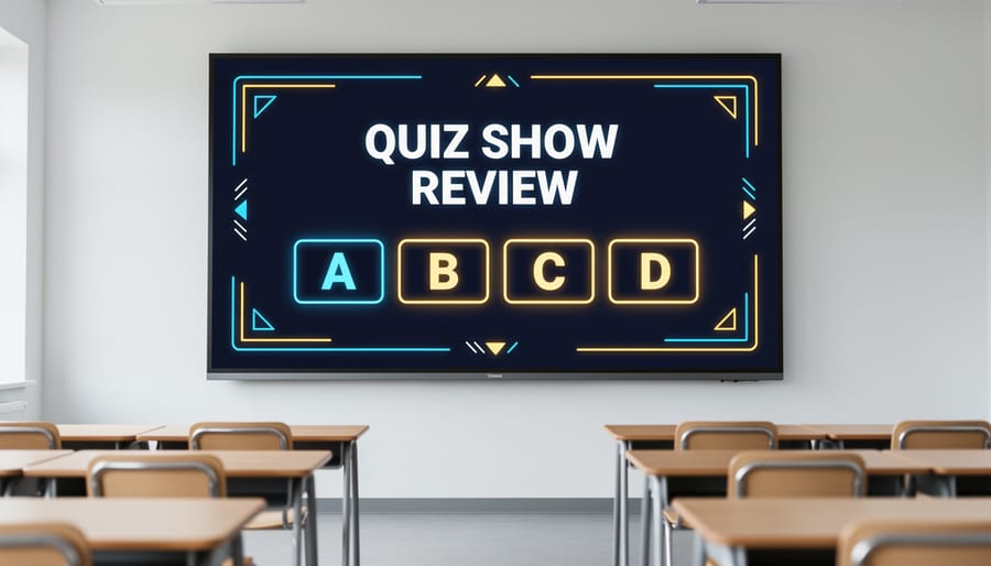 Teacher holding tablet displaying colorful quiz show template with large text