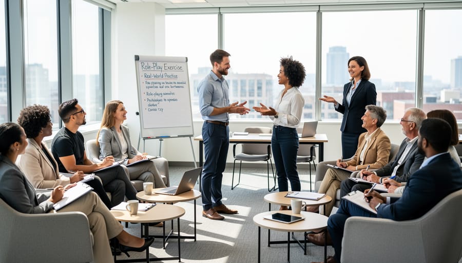 Corporate training facilitator leading role-playing exercise with engaged adult participants