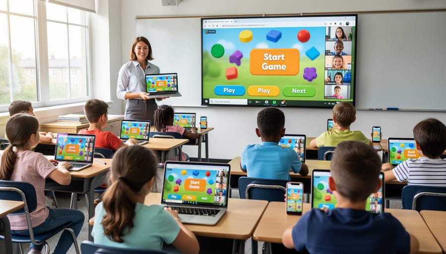 Teacher's hands with smartphone and laptop showing screen sharing setup for classroom games