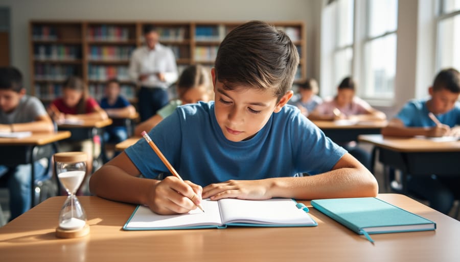 Middle-school student at a classroom desk writing in a planner beside an hourglass and a reflection notebook, lit by soft daylight, with classmates and a teacher blurred in the background.