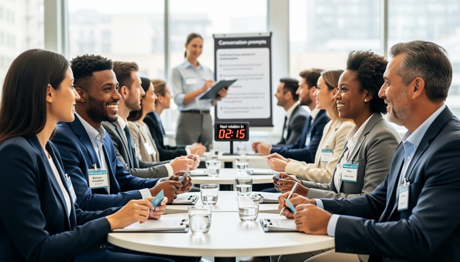 Two professionals engaged in animated conversation during speed networking icebreaker