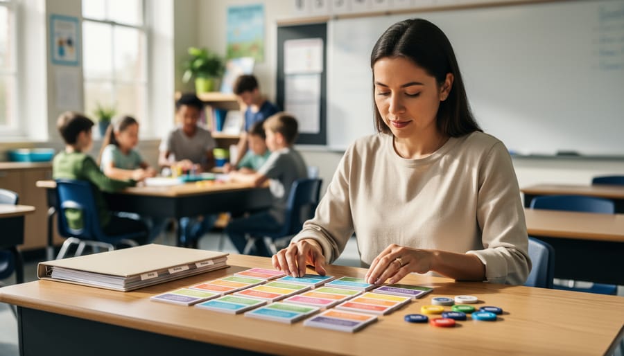 Educator at a classroom desk arranging color-coded lesson cards, a plain binder with divider tabs, and assessment tokens, with students collaborating at learning centers softly blurred in the background under natural daylight.