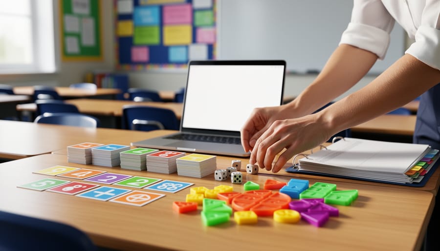 Teacher’s hands arrange color-coded game cards, dice, and fraction tiles next to an open laptop and binder on a classroom table, with a blurred bulletin board and student desks in the background.