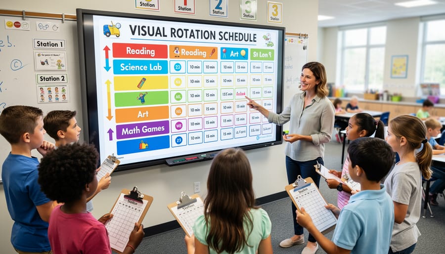 Overhead view of colorful station rotation schedule with timer and activity cards