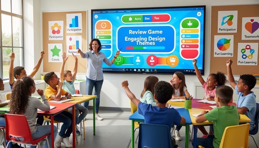 Students enthusiastically participating in classroom game with hands raised