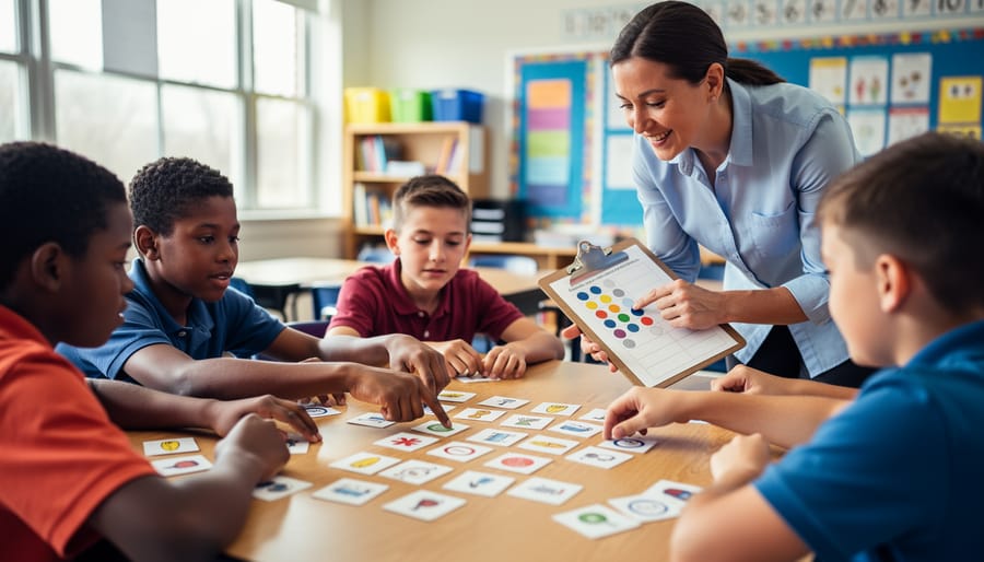 Teacher adds a colored sticker to a clipboard page while observing middle-school students playing a matching card game with icon-only cards at a classroom table, natural daylight and classroom shelves softly blurred in the background.