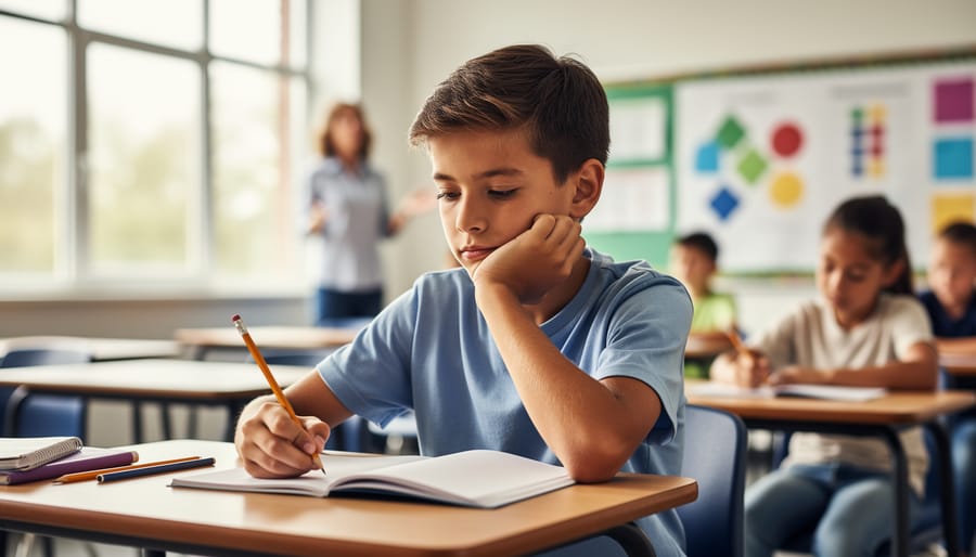 Middle-school student thinking with pencil poised over an open notebook at a classroom desk; teacher gesturing near a whiteboard and a colorful sticky-note wall softly blurred in the background.