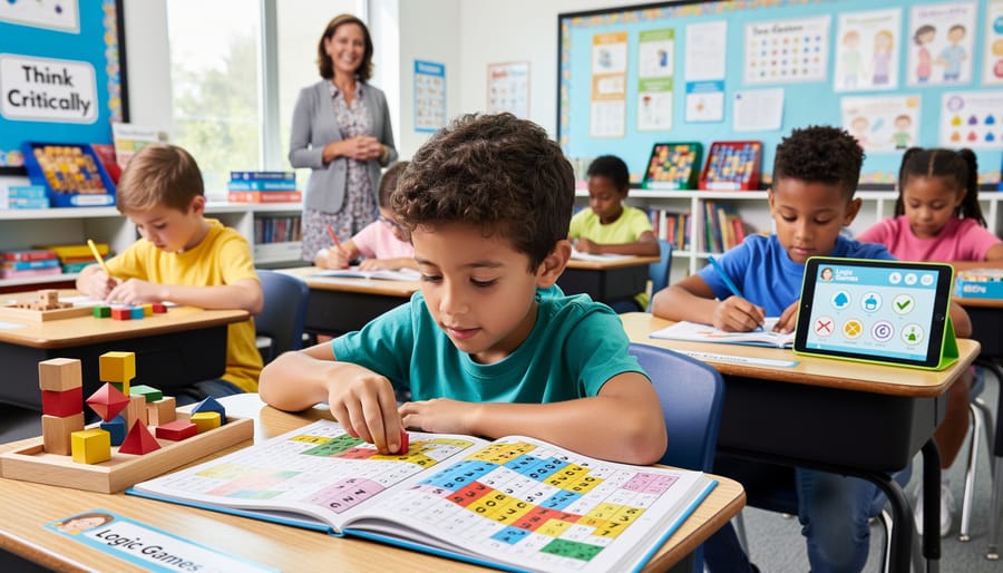 Student hands working on Sudoku puzzle and logic games at classroom desk