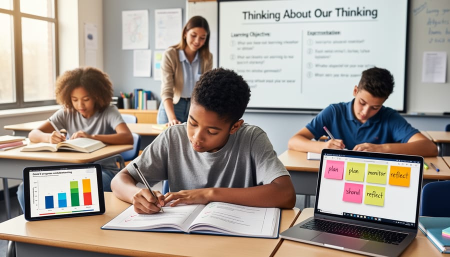 Elementary student thinking while writing in notebook at classroom desk