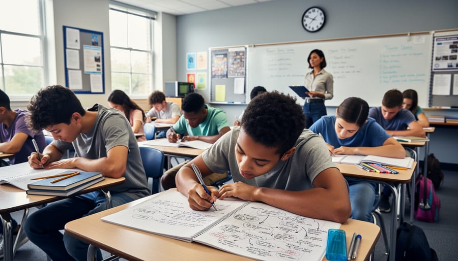 Elementary students writing actively at their desks during a classroom recall exercise