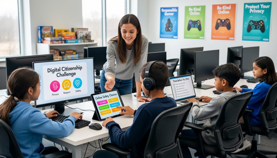 Elementary students in classroom circle participating in digital safety discussion with tablets