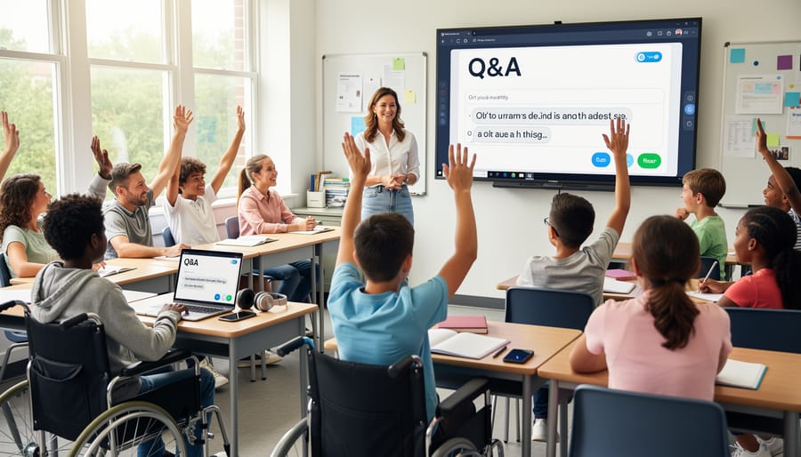 Diverse group of elementary students enthusiastically raising hands in bright classroom