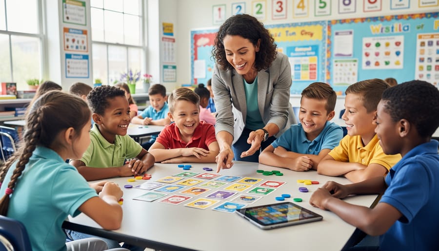 Elementary students enthusiastically participating in educational classroom game activity