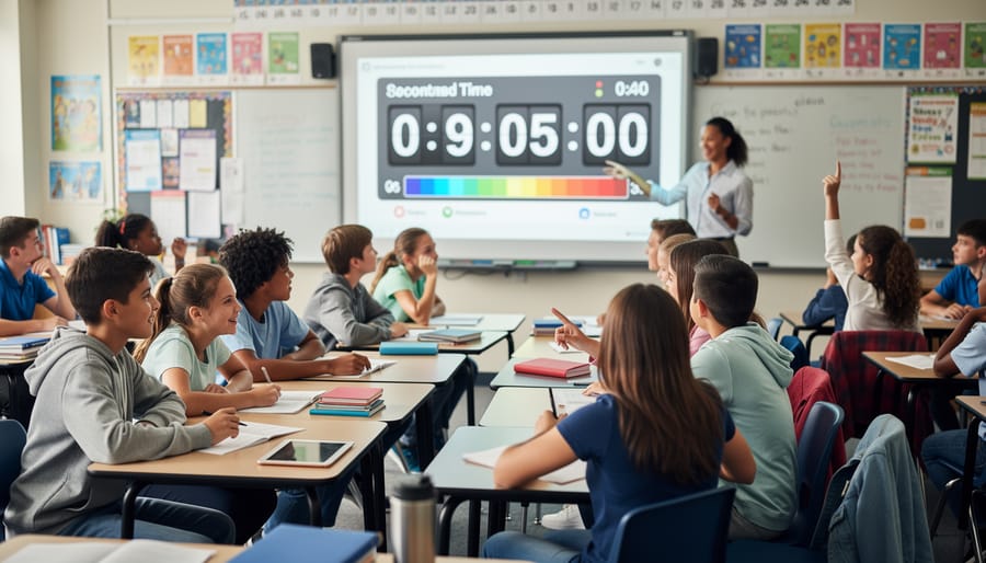 Elementary students gathered around classroom screen displaying game timer and scoreboard