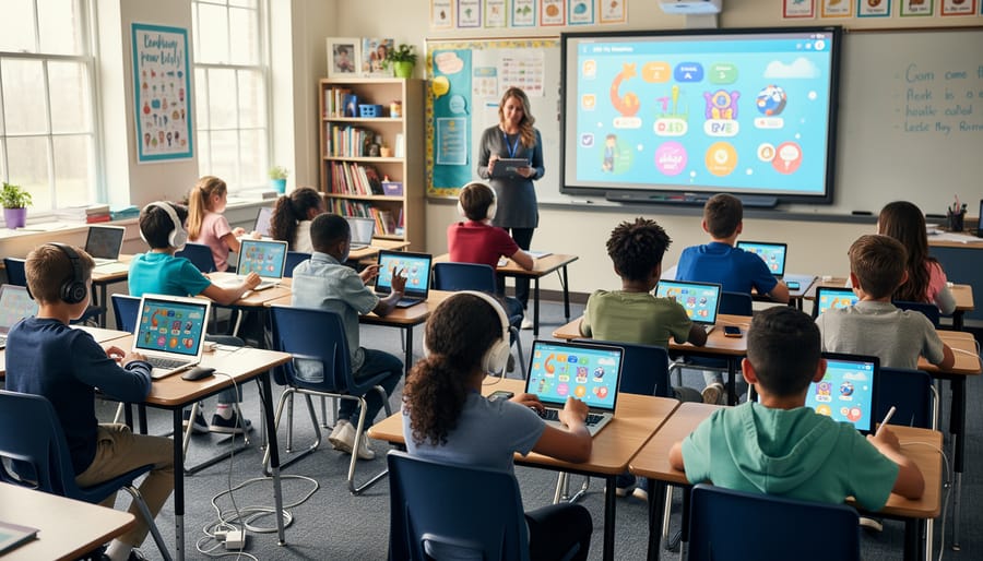 Diverse students in classroom using smartphones, tablets, and laptops together