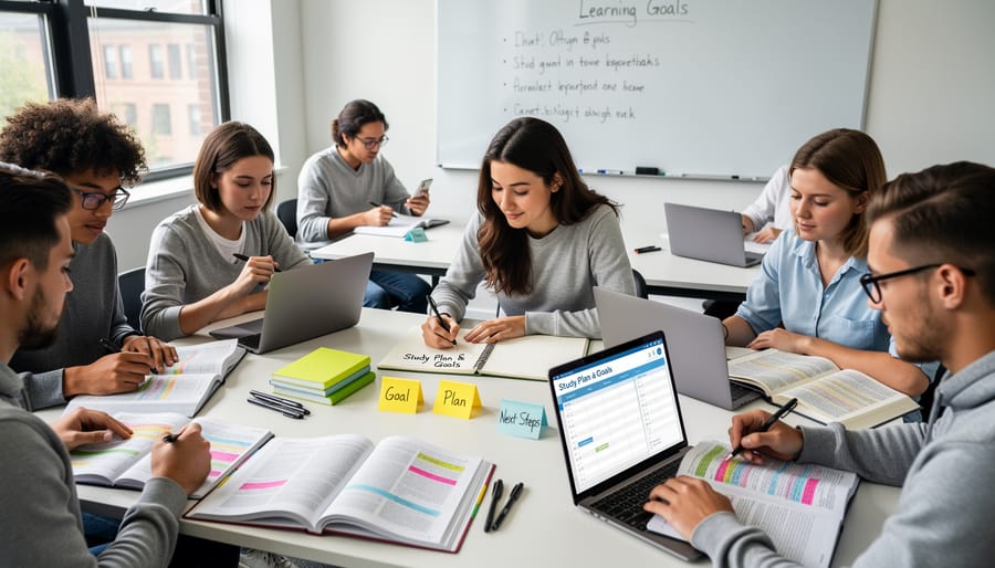Elementary students planning and setting goals together at classroom table with notebooks