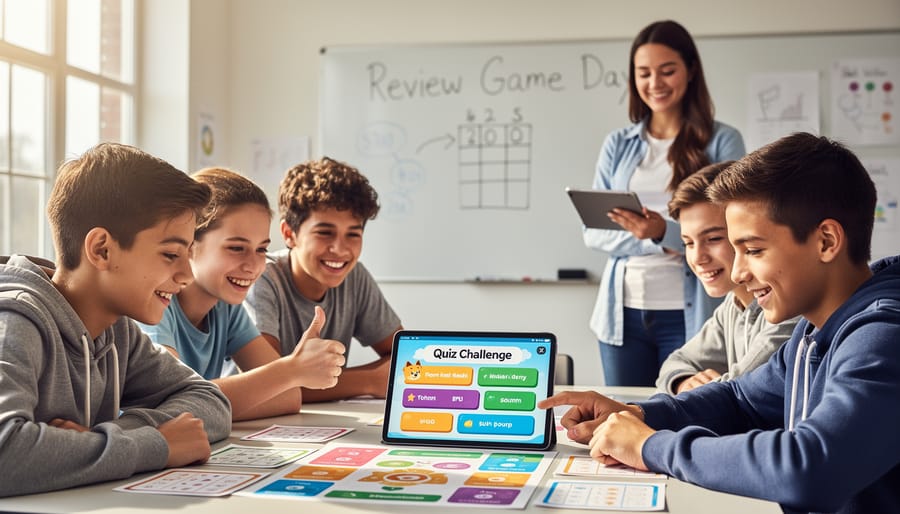 Students engaged in classroom review game raising hands with focused expressions