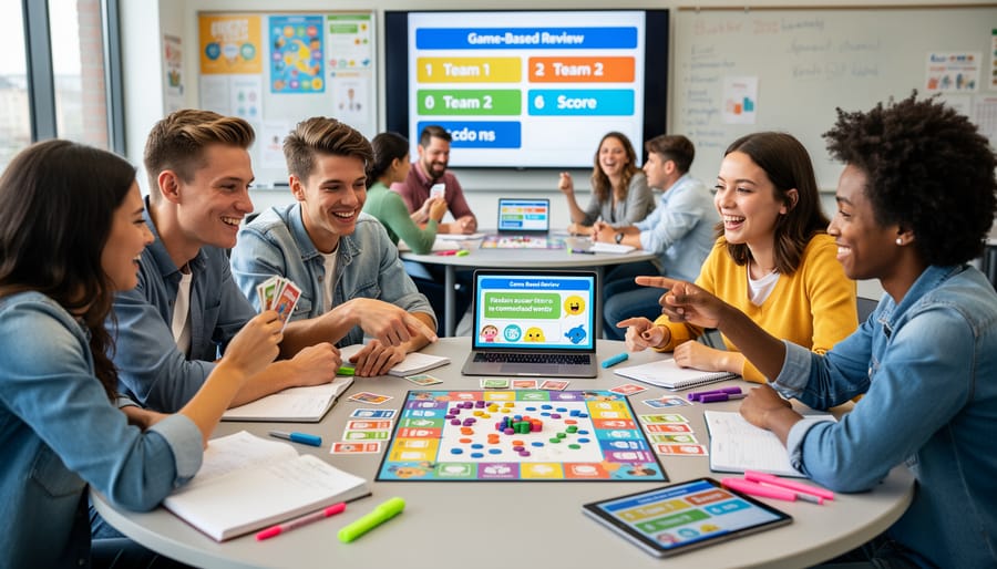 Teacher's hands on laptop customizing a colorful PowerPoint game template
