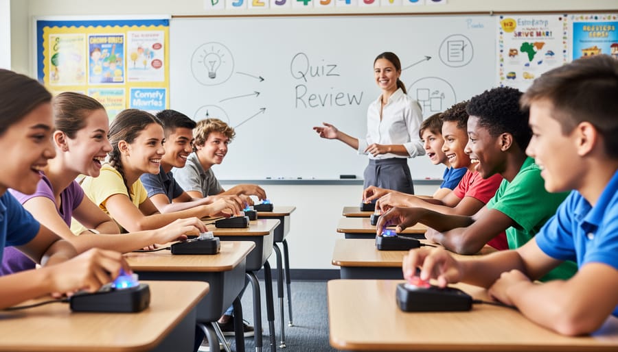 Diverse elementary students at desks with game buzzers ready to answer questions