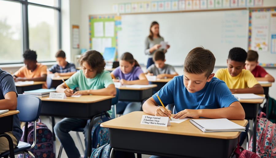 Students writing on colorful index cards at classroom desk
