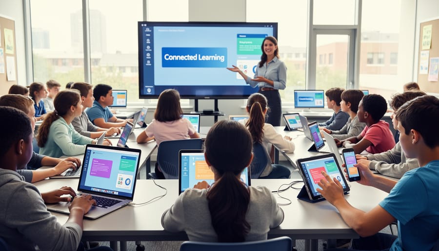 Students engaged with interactive game on tablet device in classroom