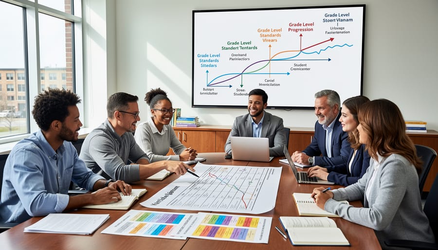 Teachers collaborating around table with documents during planning meeting