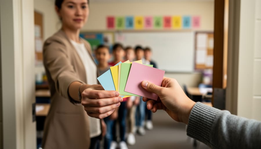 Teacher’s hands receiving colorful index cards from a student at a classroom doorway, with a line of students and classroom posters softly blurred in the background.