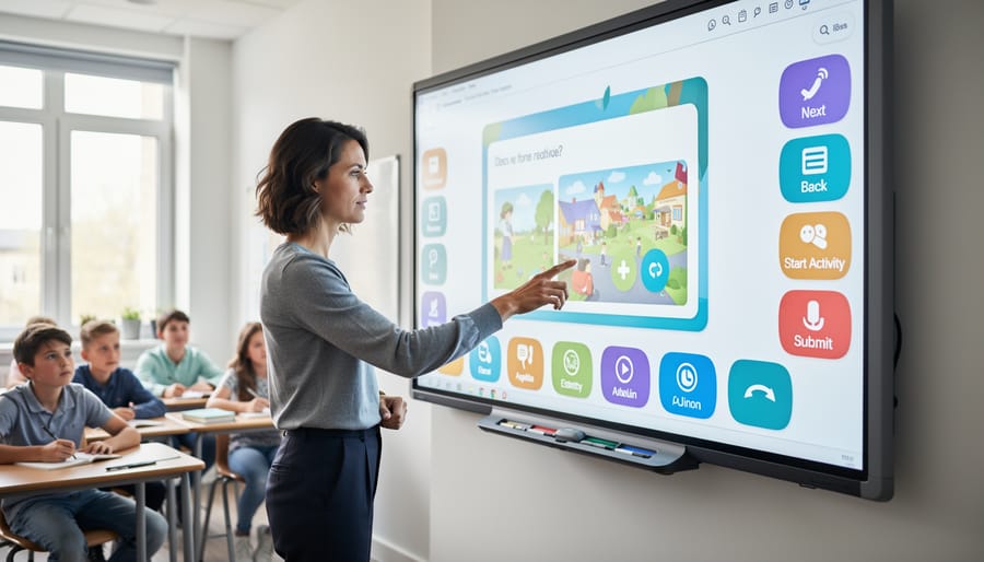 Teacher's hand using presentation remote to navigate interactive slide deck game