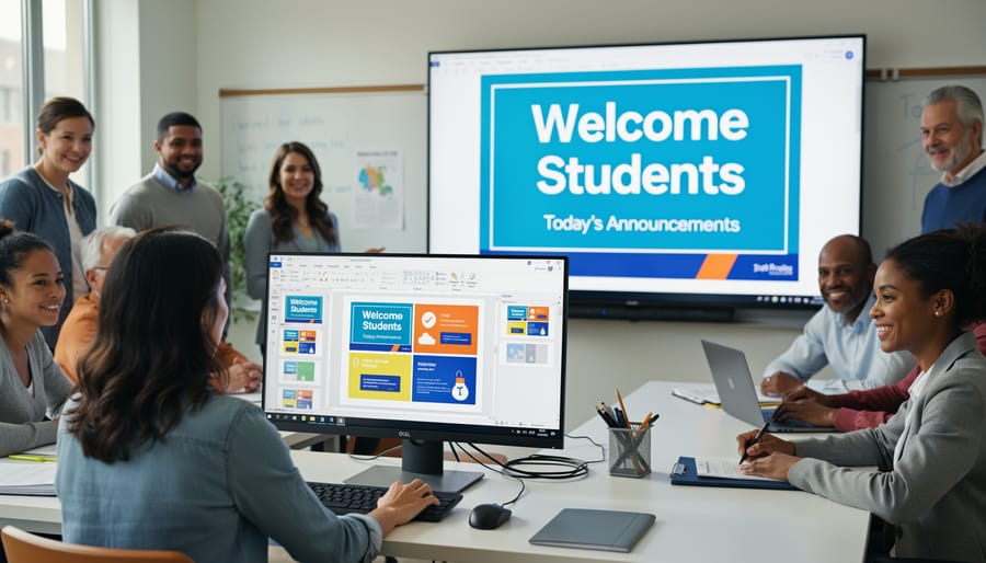 Teacher working on laptop creating PowerPoint digital signage template