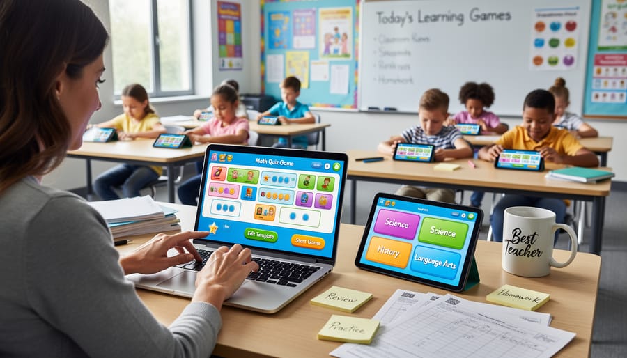 Students raising hands and smiling during an interactive classroom presentation