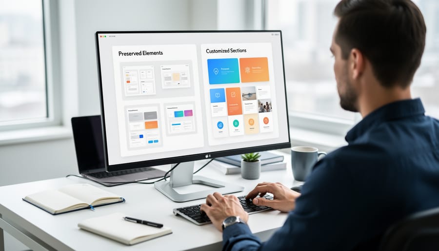 Teacher working at laptop customizing interactive PowerPoint template at desk