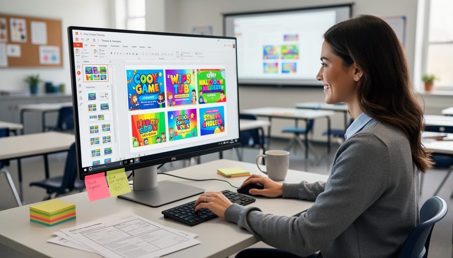 Teacher customizing PowerPoint game template on laptop computer