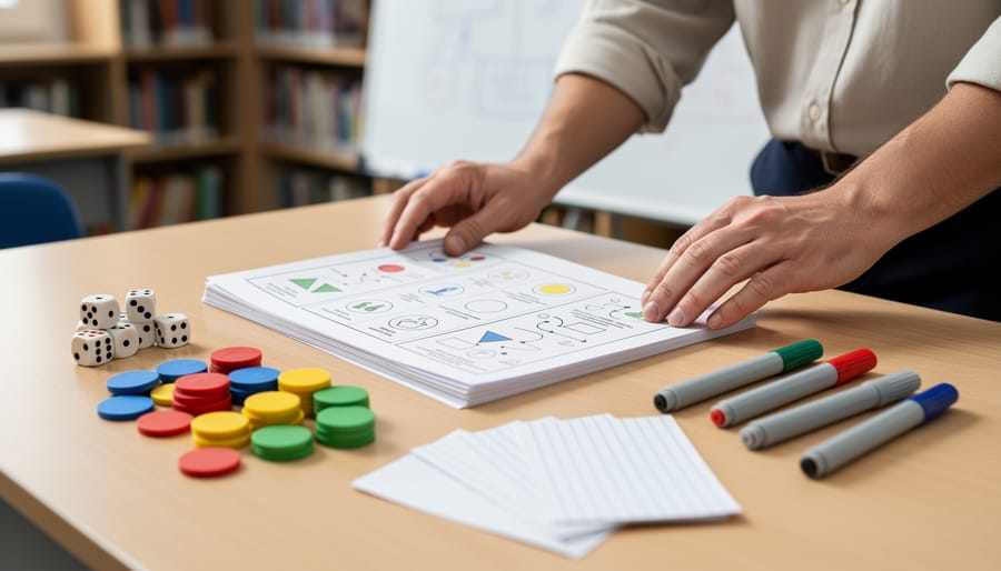 Teacher’s hands arranging a printed game design template on a classroom desk with dice, colorful tokens, index cards, and markers, in soft natural light with a blurred whiteboard and bookshelves behind.