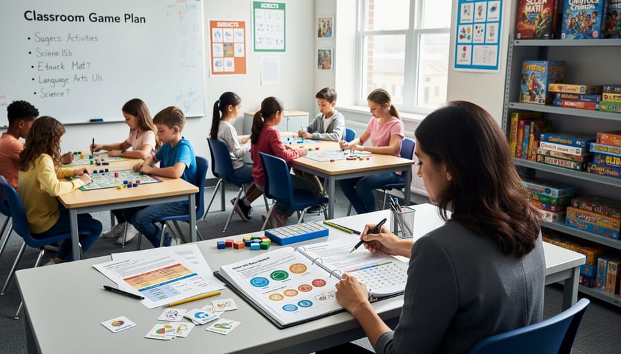 Teacher organizing game design documents and educational game materials on desk