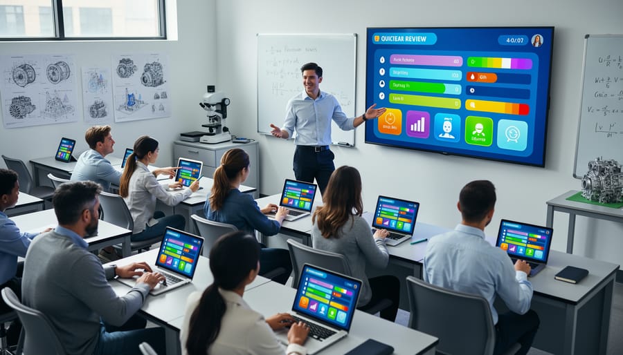 Teacher leading interactive game-based lesson with engaged engineering students