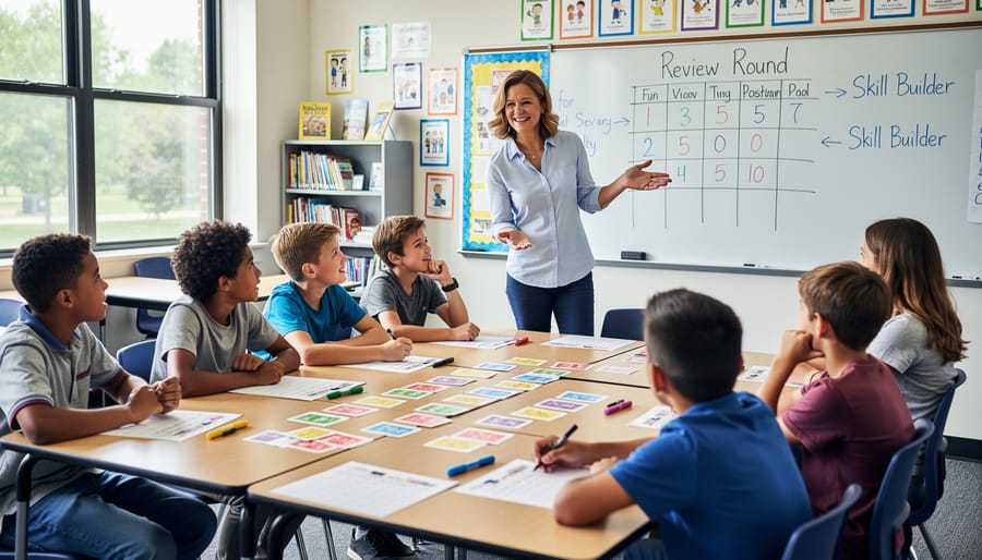 Teacher leading interactive review game session with engaged students in classroom